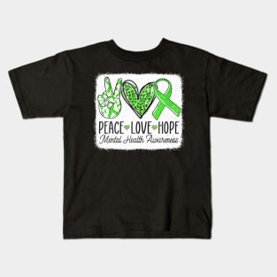 Mental Health Awareness Peace Love  Support Green Ribbon Kids T-Shirt